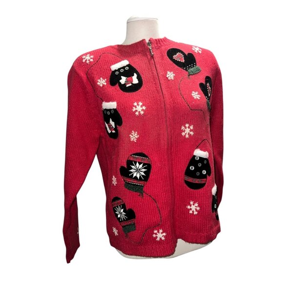 Christmas Winter Wool Cardigan Sweater Medium Red Mitten & Snowflake Design Crof - Picture 5 of 11